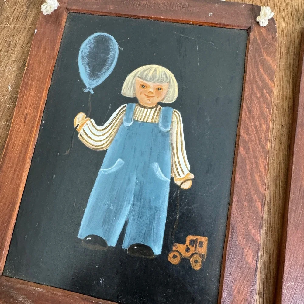 Pair Hand Painted Little Girl on Black Slate in Frames Made‎ in Portugal